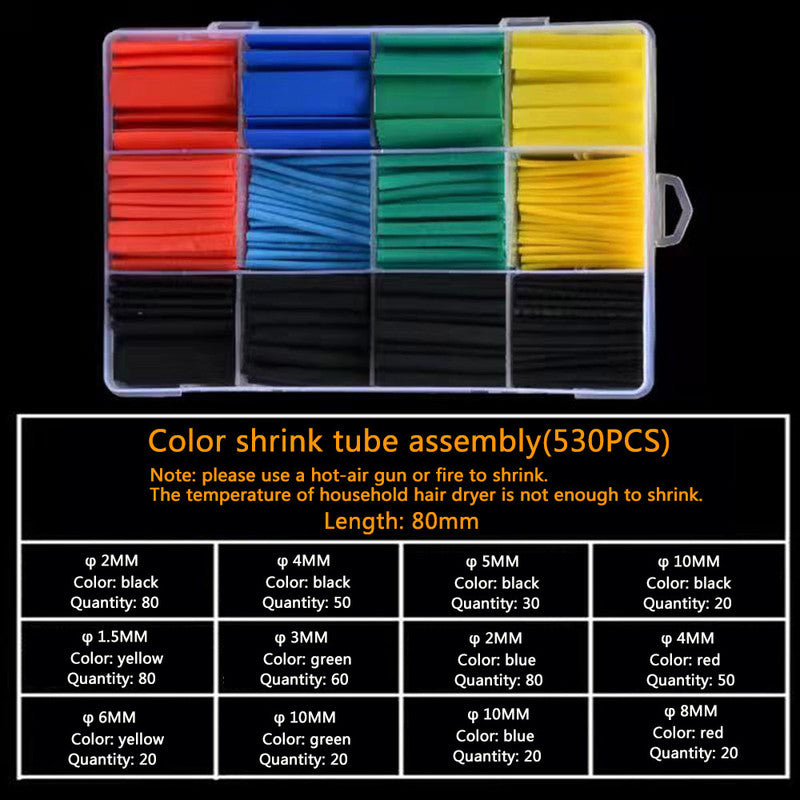 Heat Shrink Tube Set, 530 Pieces, Heat Shrink Tubing Assortment, Coloured Shrink Sleeves, 2:1 Shrink Ratio, Insulation Hose for Cables