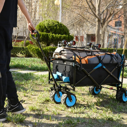 Collapsible Heavy Duty Beach Wagon Cart Outdoor Folding Utility Camping Garden Beach Cart with Universal Wheels Adjustable Handle Shopping (black&blue)