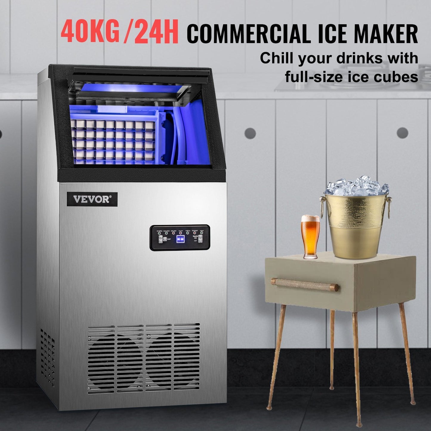 VEVOR 110V Commercial Ice Maker 88LBS/24H with 22LBs Storage Ice Maker Machine Stainless Steel Portable Automatic Ice Machine with Scoop and Connection Hoses Perfect for Restaurants Bars Cafe