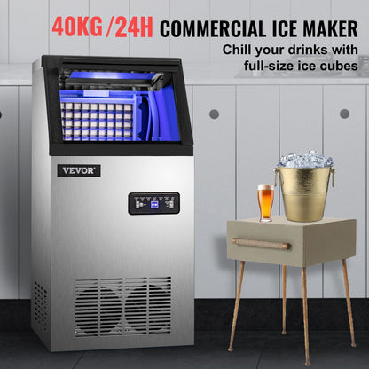 VEVOR 110V Commercial Ice Maker 88LBS/24H with 22LBs Storage Ice Maker Machine Stainless Steel Portable Automatic Ice Machine with Scoop and Connection Hoses Perfect for Restaurants Bars Cafe