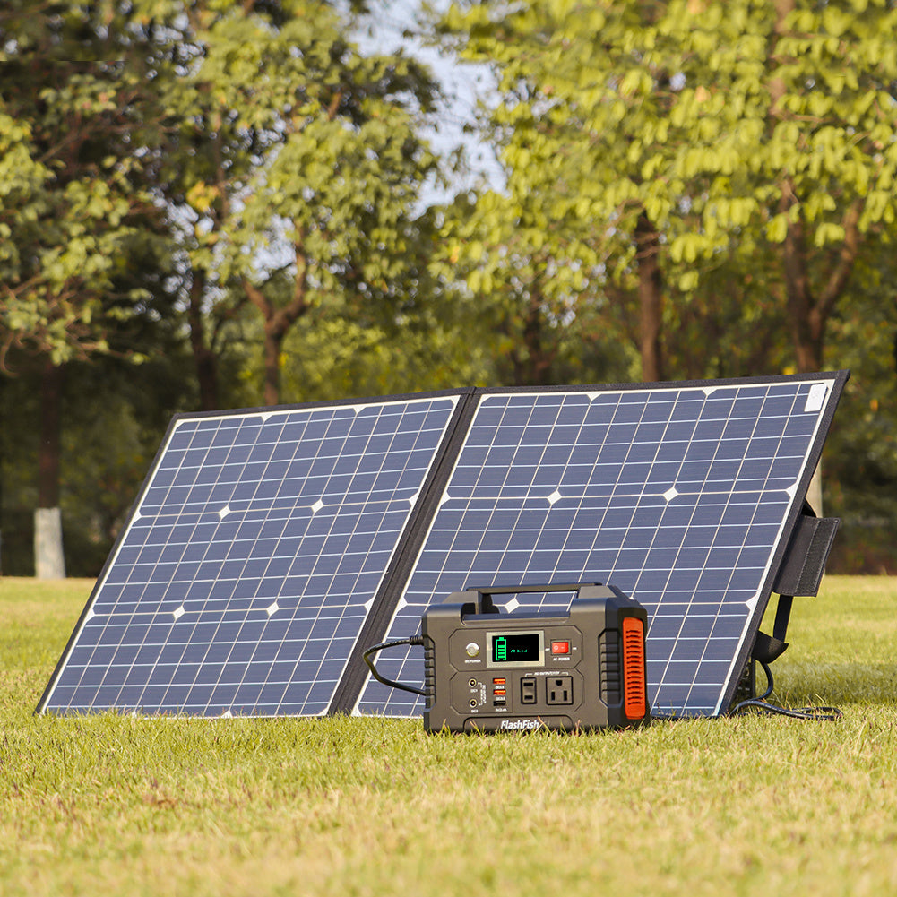 200W Portable Power Station;  FlashFish 40800mAh Solar Generator with 50W 18V Portable Solar Panel;  Flashfish Foldable Solar Charger with 5V USB 18V DC Output