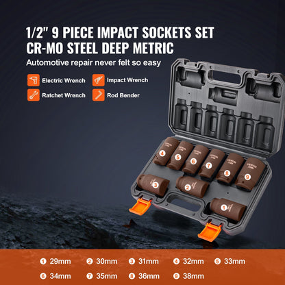 VEVOR 1/2" Drive Impact Socket Set, 9 Piece Deep Socket Set Metric 29-38mm, 6 Point Cr-Mo Alloy Steel for Auto Repair, Easy-to-Read Size Markings, Rugged Construction, Includes Storage Case