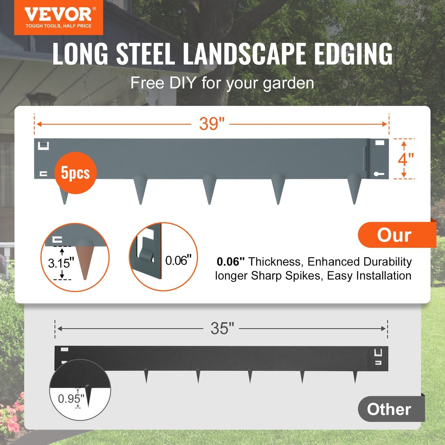 VEVOR Steel Landscape Edging, 5-pack Steel Garden Edging Borders, 39" L x 4" H Strips, Hammer-in Edging Border, Bendable Metal Landscape Edging for Yard, Garden, Lawn, 3.15" Spike Height, Dark Gray