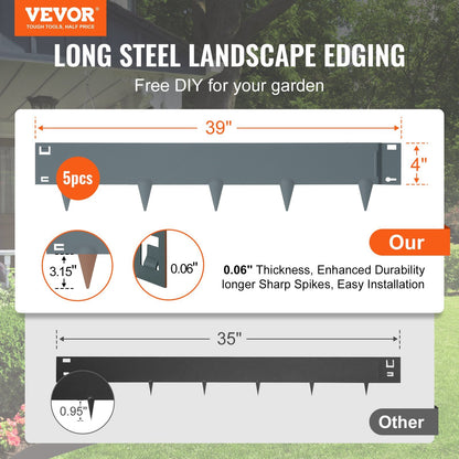 VEVOR Steel Landscape Edging, 5-pack Steel Garden Edging Borders, 39" L x 4" H Strips, Hammer-in Edging Border, Bendable Metal Landscape Edging for Yard, Garden, Lawn, 3.15" Spike Height, Dark Gray