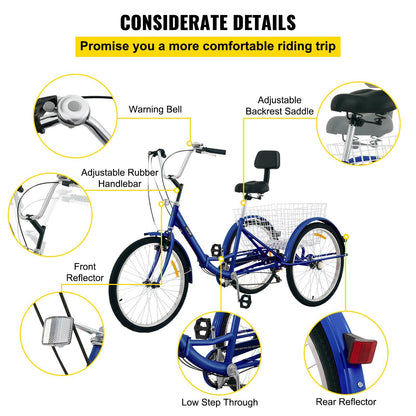 VEVOR Tricycle Adult 24'' Wheels Adult Tricycle 7-Speed 3 Wheel Bikes For Adults Three Wheel Bike For Adults Adult Trike Adult Folding Tricycle Foldable Adult Tricycle 3 Wheel Bike Trike For Adults