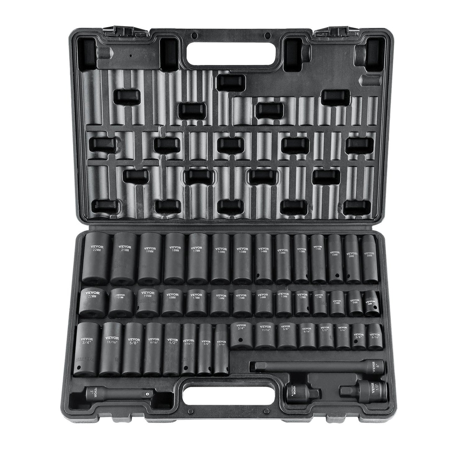 VEVOR 3/8" Drive Impact Socket Set, 48 Piece Socket Set SAE (5/16" -3/4") & Metric (8-22mm)6 Point Cr-V Drive Extension Bar Universal Joint & Power Drill Adapter Includes Storage Case