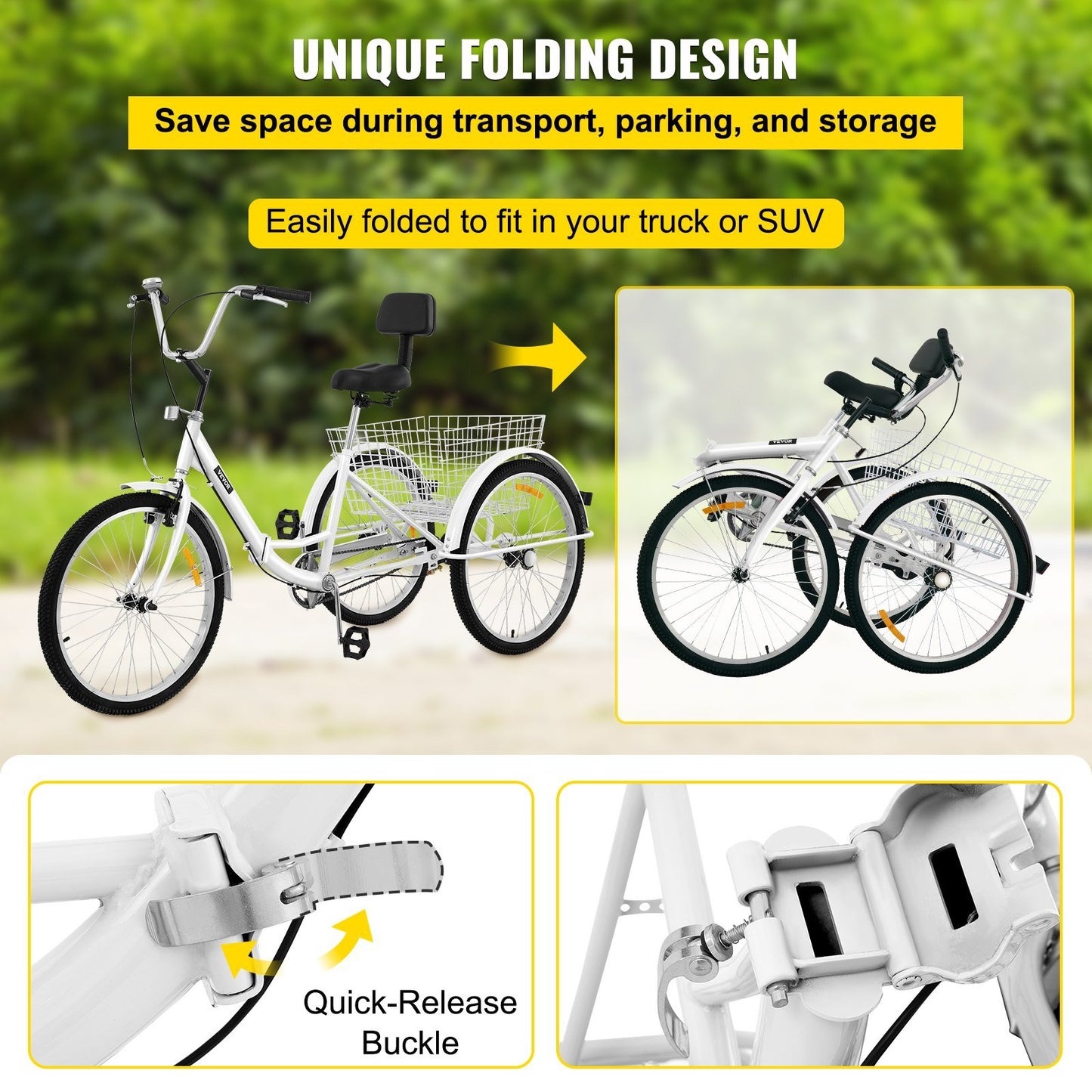 VEVOR Tricycle Adult 24'' Wheels Adult Tricycle 1-Speed 3 Wheel Bikes White For Adults Three Wheel Bike For Adults Adult Trike Adult Folding Tricycle Foldable Adult Tricycle 3 Wheel Bike For Adults