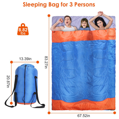 3 People Sleeping Bag for Adult Kids Lightweight Water Resistant Camping Cotton Liner Cold Warm Weather Indoor Outdoor Use 3 Season with Sack for Spring Summer Autumn