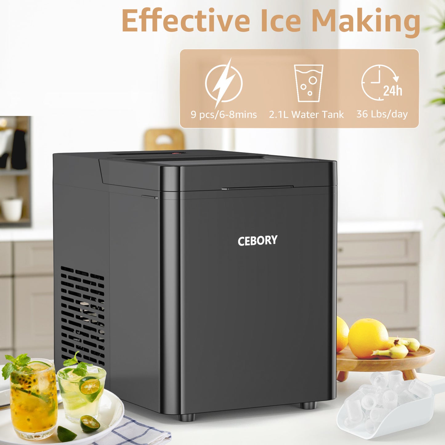 Ice Makers, Portable Countertop Ice Maker with Self-Cleaning, 36Lbs/24Hrs, 9Pcs/6Mins, One-Click Operation, 2 Ice Scoop and Basket, Ice Maker Machine for Home/Kitchen/Camping, Black