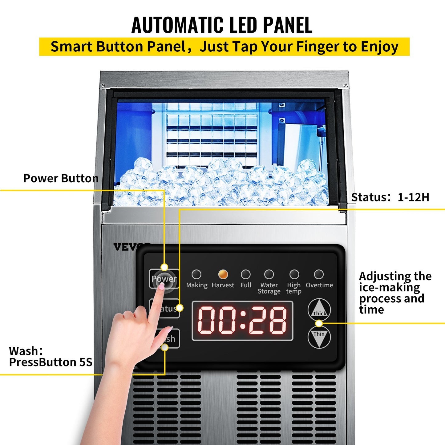 VEVOR 110V Commercial Ice Maker 110LBS/24H with 44lbs Storage Capacity Stainless Steel Commercial Ice Machine 40 Ice Cubes Per Plate Industrial Ice Maker Machine Auto Clean for Bar Home Supermarkets