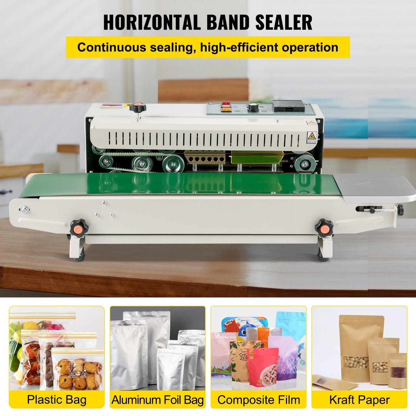 VEVOR Continuous Bag Band Sealing Machine FR900K Band Sealer Machine with Digital Temperature Control Horizontal Bag Sealer for 0.02-0.08 mm Plastic Bags Continuous Band Sealer w/ Printing Function