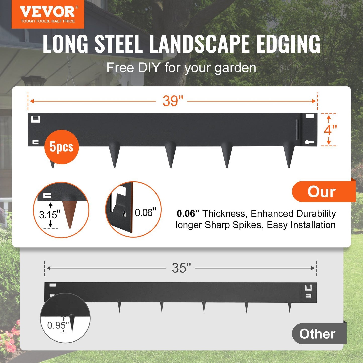 VEVOR Steel Landscape Edging, 5-pack Steel Garden Edging Borders, 39" L x 4" H Strips, Hammer-in Edging Border, Bendable Metal Landscape Edging for Yard, Garden, Lawn, 3.15" Spike Height, Black