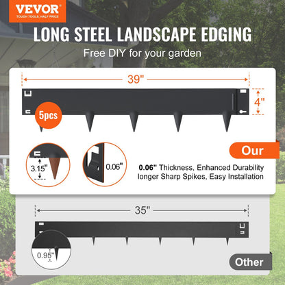 VEVOR Steel Landscape Edging, 5-pack Steel Garden Edging Borders, 39" L x 4" H Strips, Hammer-in Edging Border, Bendable Metal Landscape Edging for Yard, Garden, Lawn, 3.15" Spike Height, Black