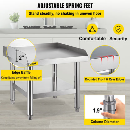 VEVOR Stainless Steel Equipment Grill Stand, 24 x 24 x 24 Inches Stainless Table, Grill Stand Table with Adjustable Storage Undershelf, Equipment Stand Grill Table for Hotel, Home, Restaurant Kitchen