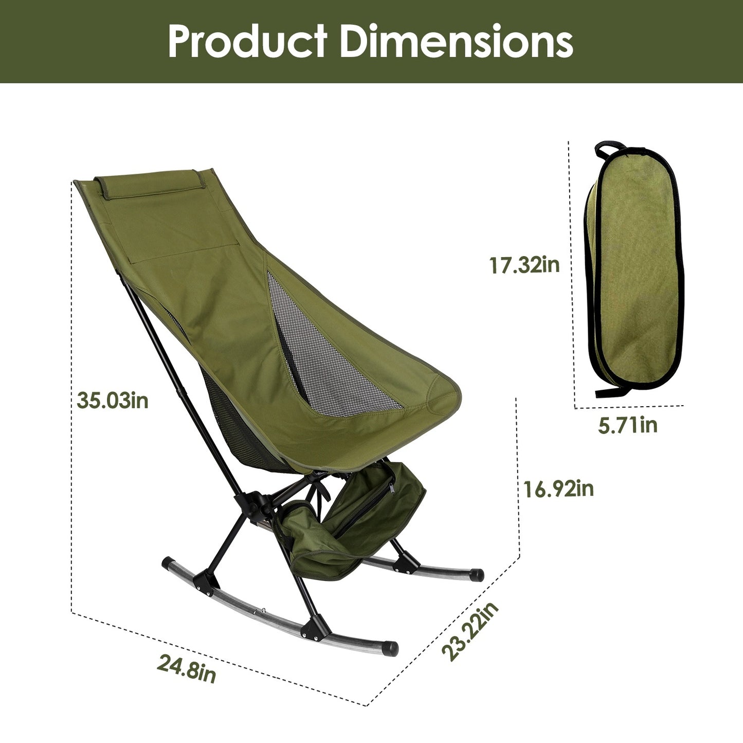 Portable Camping Rocking Chair 198LBS Weight Capacity Included Carry Bag High Back Rocker Chair For Patio Fishing Beach Lawn Travel