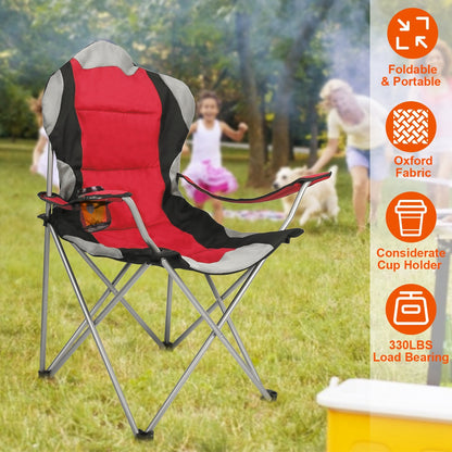 Foldable Camping Chair Heavy Duty Steel Lawn Chair Padded Seat Arm Back Beach Chair 330LBS Max Load with Cup Holder Carry Bag