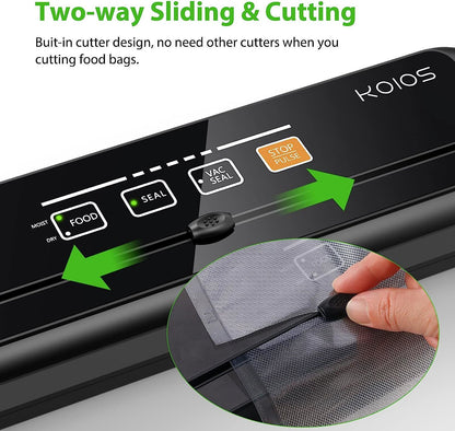 KOIOS Vacuum Sealer Machine, 86Kpa Automatic Vacuum Air food sealer/Built-in Cutter Starter Kit, Dry & Moist Food Preservation Modes, Pulse Function, LED Indicator Lights, Black