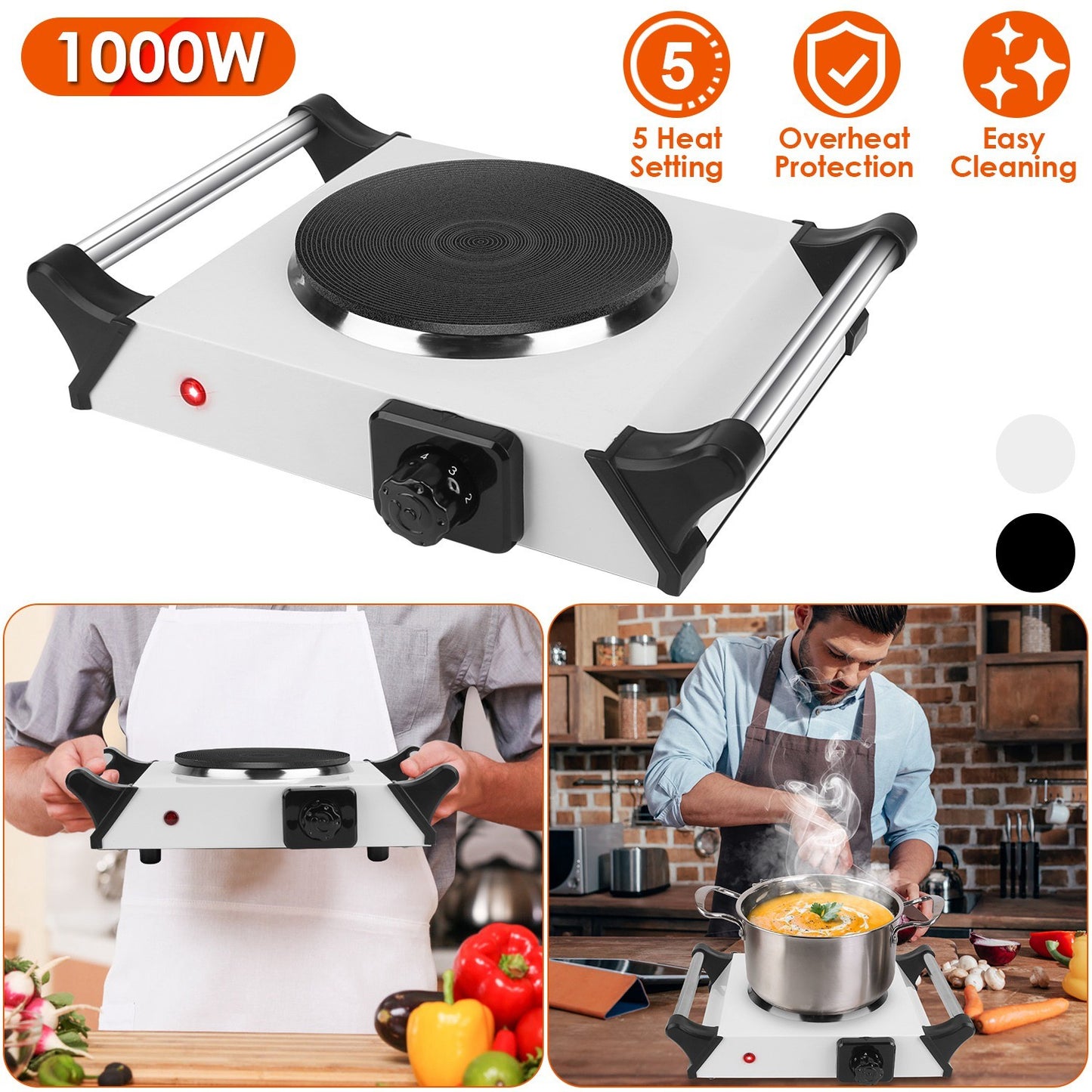 1000W Electric Single Burner Portable Heating Hot Plate Stove Countertop RV Hotplate with 5 Temperature Adjustments Portable Handles