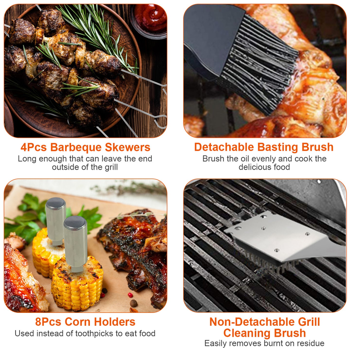 Stainless Steel BBQ Grill Tool Kit Grilling Utensil Accessories with Spatula Tongs Fork Knife Brush Pepper Salt Shaker Bottle Grilled Skewers Corn Needles