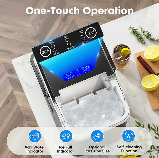 portable ice maker LED display 120W 26 lbs / 24h automatic cleaning, small household, fast refrigeration thick foam layer long effect ice, bullets round ice, automatic closure