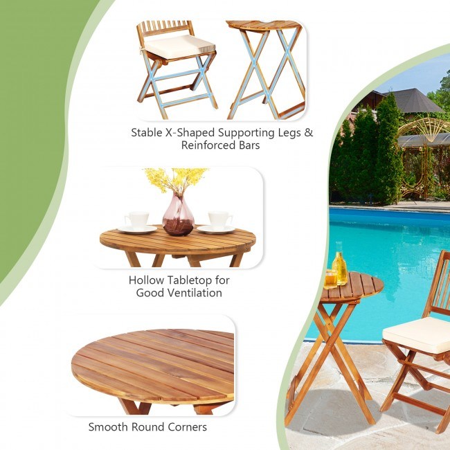 3 Pieces Patio Folding Wooden Bistro Set Cushioned Chair