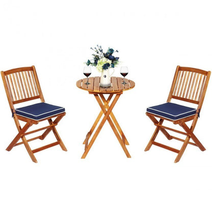 3 Pieces Patio Folding Wooden Bistro Set Cushioned Chair