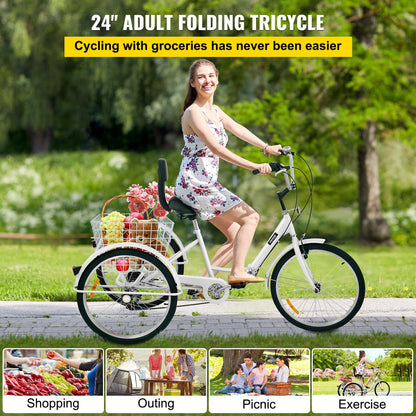 VEVOR Tricycle Adult 26'' Wheels Adult Tricycle 7-Speed 3 Wheel Bikes For Adults Three Wheel Bike For Adults Adult Trike Adult Folding Tricycle Foldable Adult Tricycle 3 Wheel Bike Trike For Adults