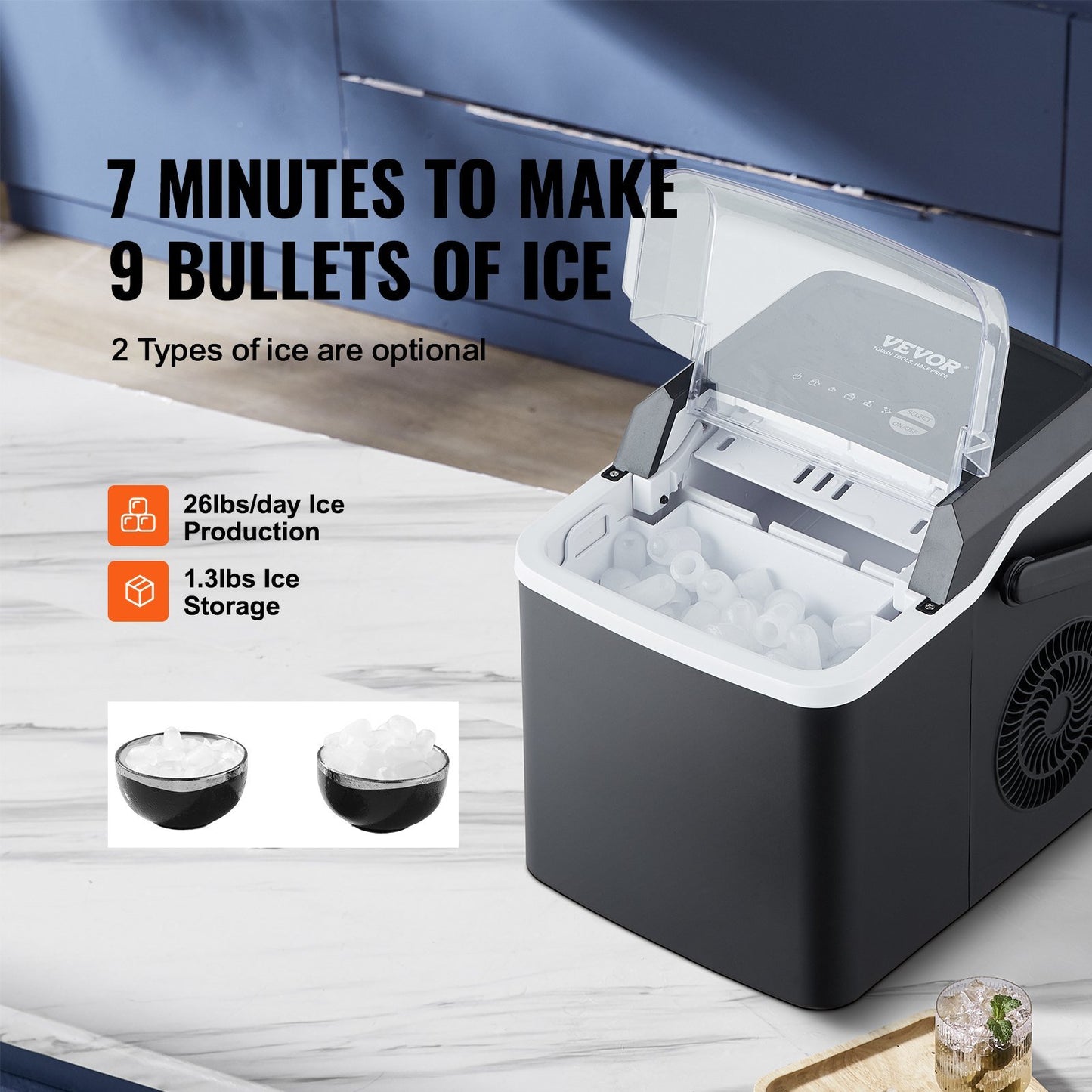 VEVOR Countertop Ice Maker, 9 Cubes Ready in 7 Mins, 26lbs in 24Hrs, Self-Cleaning Portable Ice Maker with Ice Scoop and Basket, Ice Machine with 2 Sizes Bullet Ice for Home Kitchen Office Bar Party