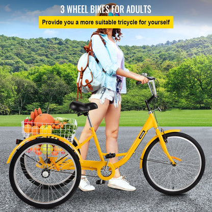 VEVOR Yellow Adult Tricycle 24'' 1-Speed 3 Wheel Bikes, Foldable Adult Tricycle 3 Wheel Bike Trike for Adults, Cruise Bike 24 Inch Seat Adjustable Trike with Bell, Brake System and Basket for Shopping