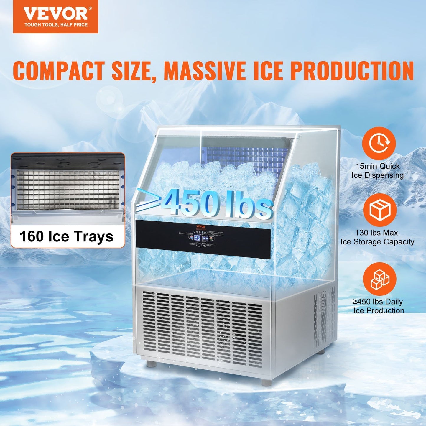 VEVOR Commercial Ice Maker, 450lbs/24H, Ice Maker Machine, 160 Ice Cubes in 12-15 Minutes, Freestanding Cabinet Ice Maker with 130lbs Storage Capacity LED Digital Display, for Bar Home Office Restaura