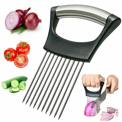 Stainless Steel Onion Holder Slicer Vegetable Tools Tomato Cutter Kitchen Gadget Steel Onion Needle With Cutting Safe Aid Holder Easy Slicer Cutter Tomato Safe Fork Handheld Vegetable Knife Kitchen