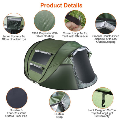 Pop Up Tent Automatic Setup Camping Tent Waterproof Instant Setup Tent with 4 Mosquito Net Windows Carrying Bag for Hiking Climbing Adventure Fishing