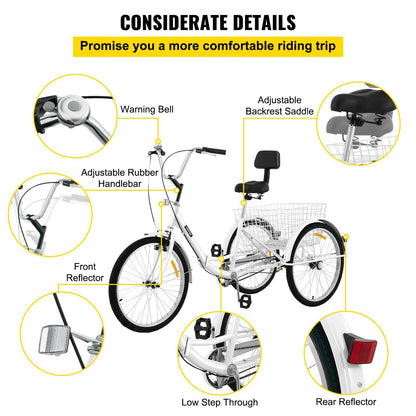 VEVOR Tricycle Adult 24'' Wheels Adult Tricycle 1-Speed 3 Wheel Bikes White For Adults Three Wheel Bike For Adults Adult Trike Adult Folding Tricycle Foldable Adult Tricycle 3 Wheel Bike For Adults