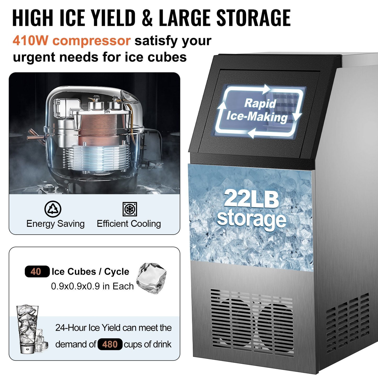 VEVOR 110V Commercial Ice Maker 88LBS/24H with 22LBs Storage Ice Maker Machine Stainless Steel Portable Automatic Ice Machine with Scoop and Connection Hoses Perfect for Restaurants Bars Cafe