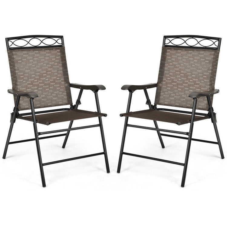 Set of 2 Patio Folding Chairs Sling Portable Dining Chair Set with Armrest