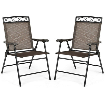 Set of 2 Patio Folding Chairs Sling Portable Dining Chair Set with Armrest