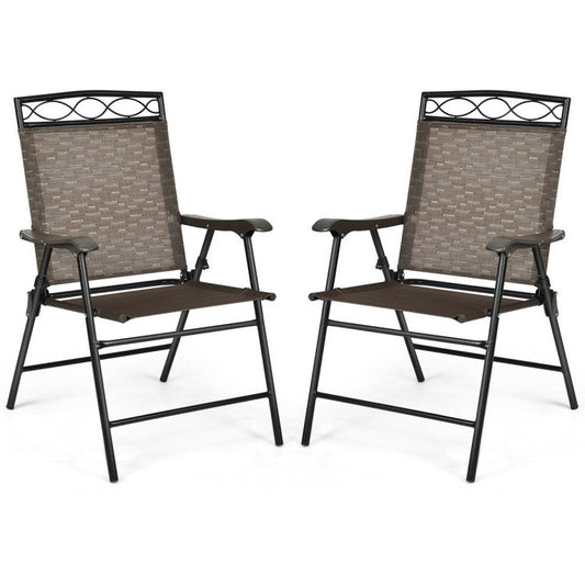 Set of 2 Patio Folding Chairs Sling Portable Dining Chair Set with Armrest