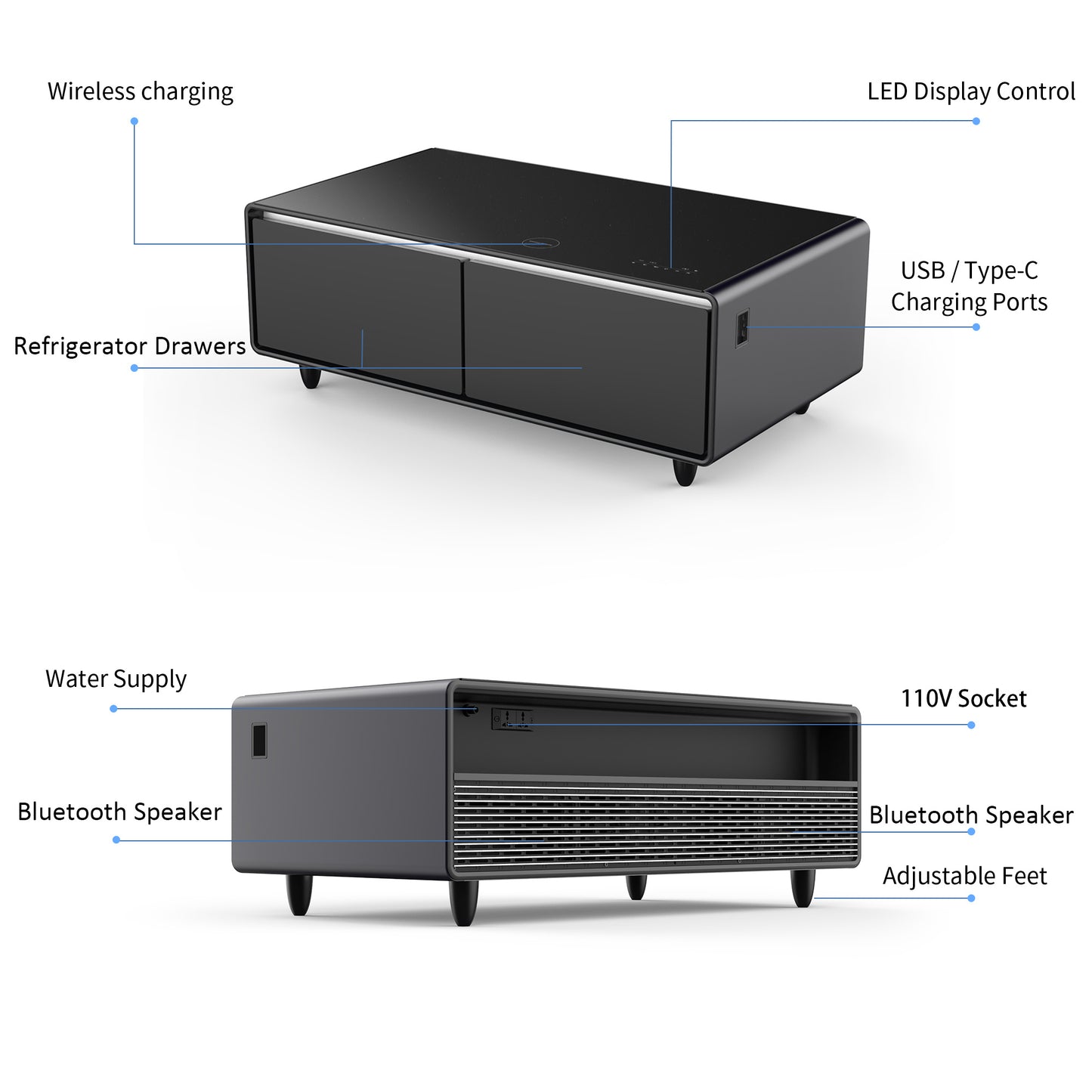 Modern Smart Coffee Table with Built-in Fridge, Bluetooth Speaker, Wireless Charging, Touch Control Panel, Power Socket, USB Interface, Outlet Protection, Atmosphere light