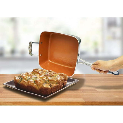 6 Quart XL Nonstick Copper Deep Square All in One 6 Qt Casserole Chef's Pan & Stock Pot- 4 Piece Set, Includes Frying Basket and Steamer Tray, Dishwasher Safe