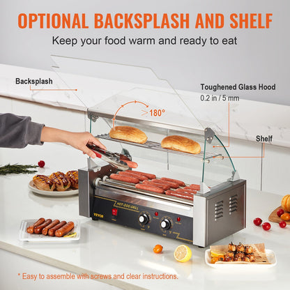 VEVOR Hot Dog Roller 5 Rollers 12 Hot Dogs Capacity, 750W Stainless Sausage Grill Cooker Machine with Dual Temp Control Glass Hood Acrylic Cover Bun Warmer Shelf Removable Oil Drip Tray ETL Certified