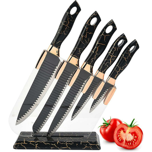 Knife Set for Kitchen, 6-Pieces Black Ultra Sharp Chef Knife Set with Ripple Blade, Marbling Handle Cooking Knife Set with Acrylic Stand for Home Restaurant Apartment