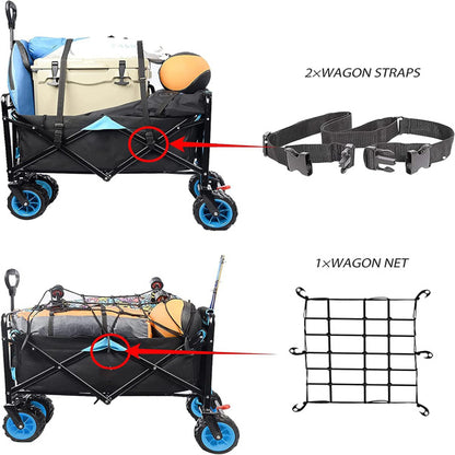 Collapsible Heavy Duty Beach Wagon Cart Outdoor Folding Utility Camping Garden Beach Cart with Universal Wheels Adjustable Handle Shopping (black&blue)