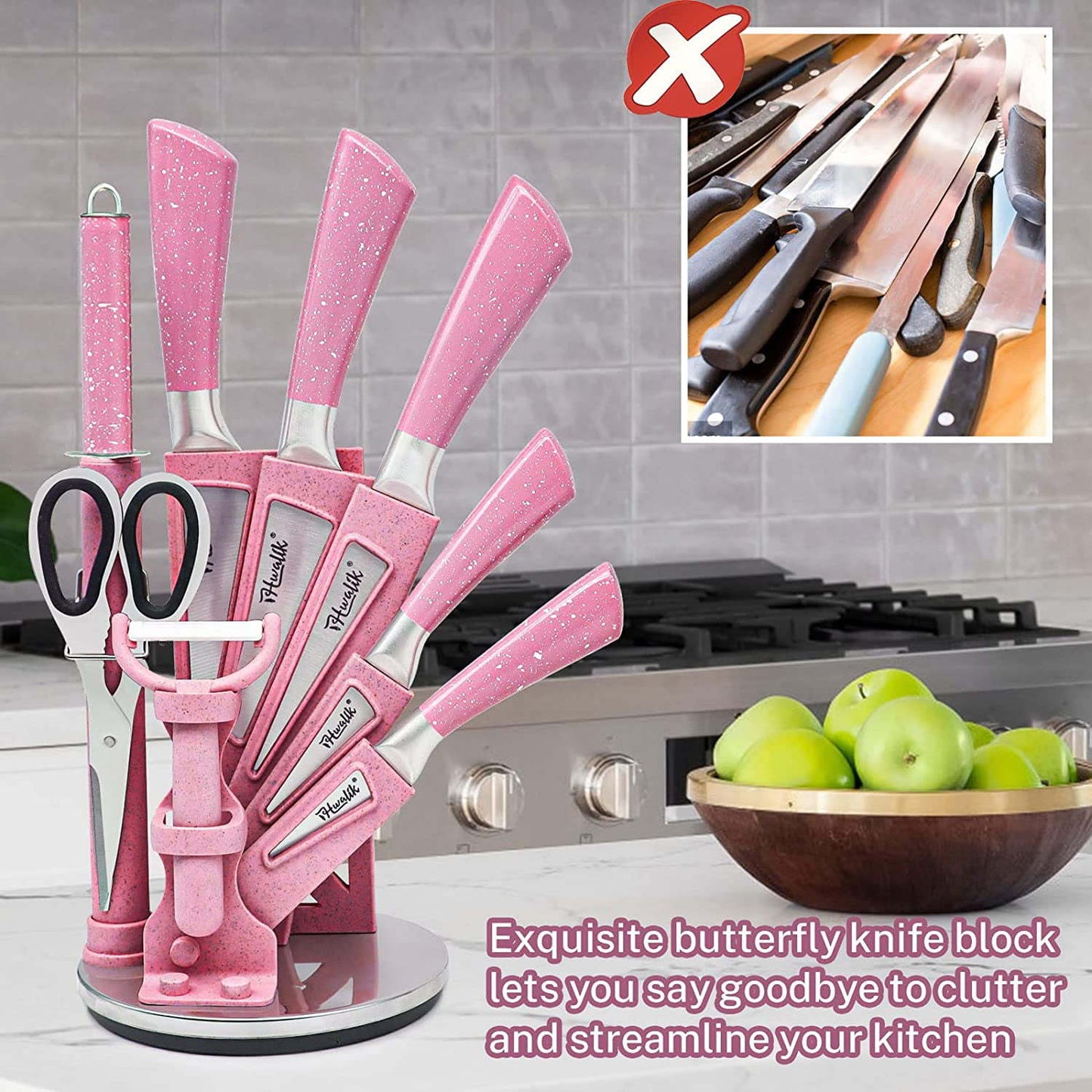 Kitchen Knife Set, 9PC Pink Wheat Straw Sharp Cooking Knife Set with Acrylic Stand, Stainless Steel Non-stick Chef with Comfortable Handle for Slicing Cutting Peeling Chopping