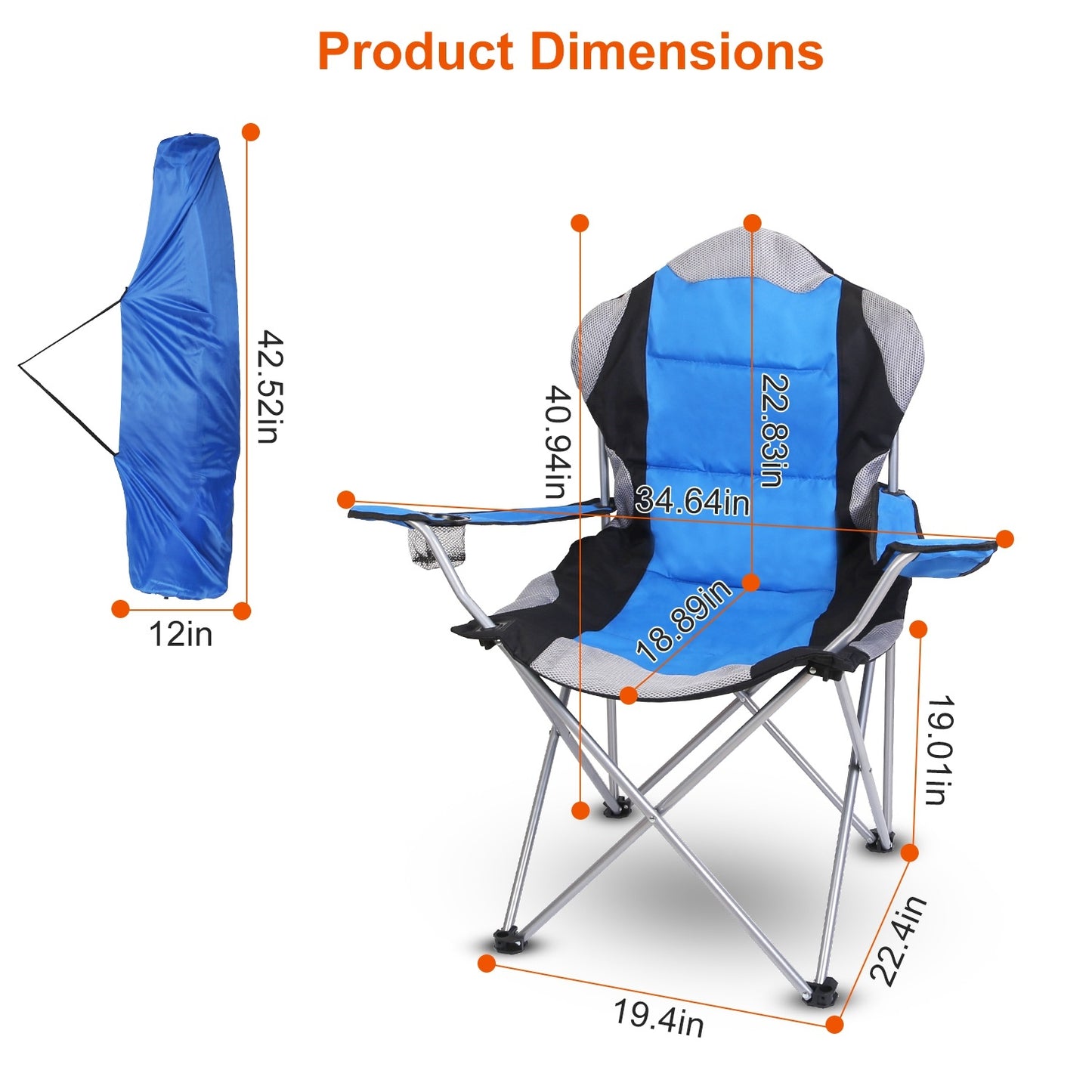 Foldable Camping Chair Heavy Duty Steel Lawn Chair Padded Seat Arm Back Beach Chair 330LBS Max Load with Cup Holder Carry Bag