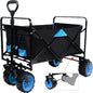 Collapsible Heavy Duty Beach Wagon Cart Outdoor Folding Utility Camping Garden Beach Cart with Universal Wheels Adjustable Handle Shopping (black&blue)