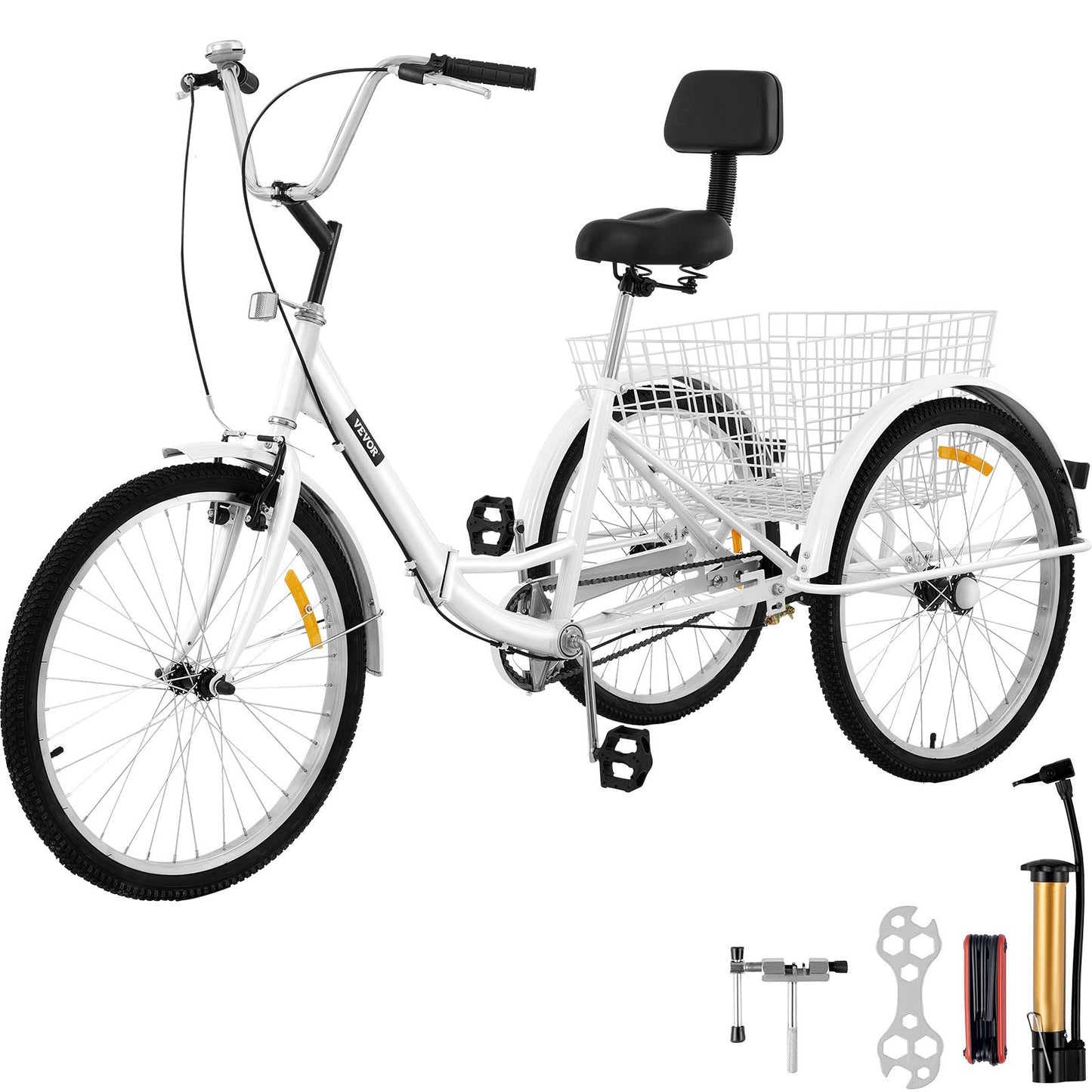 VEVOR Tricycle Adult 24'' Wheels Adult Tricycle 1-Speed 3 Wheel Bikes White For Adults Three Wheel Bike For Adults Adult Trike Adult Folding Tricycle Foldable Adult Tricycle 3 Wheel Bike For Adults