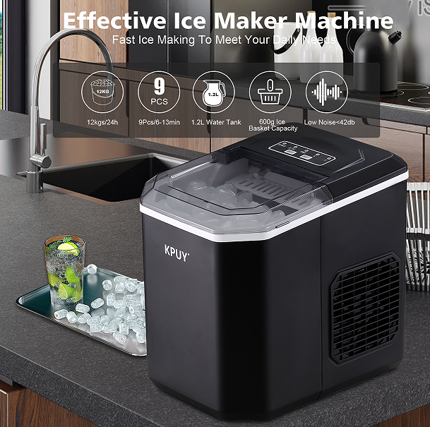 Small portable ice making machine LED display self-cleaning 26 lbs / 24h fast refrigeration, thick foam layer long-acting ice storage, bullets round ice, automatically closed