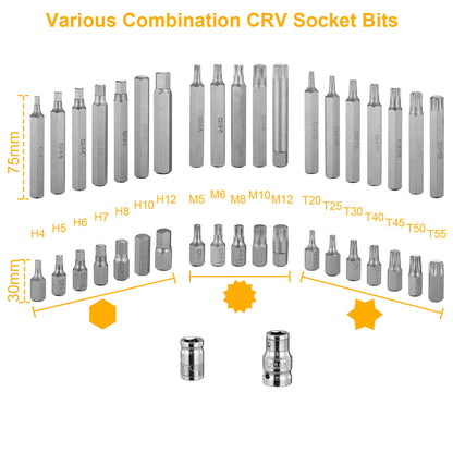 40Pcs Socket Bit Set Hex Torx Spine CRV Combination Bits w/ 3/8"1/2" Drive Free Gloves Case