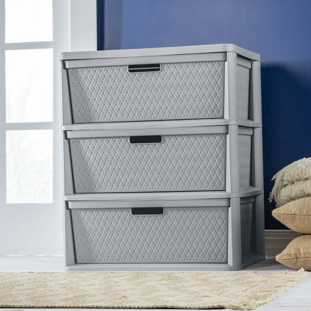 Wide 3 Drawer Cross-Weave Tower Cement