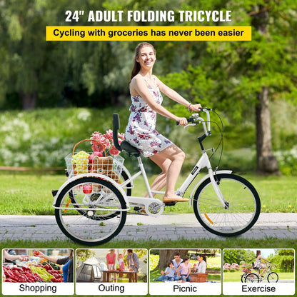 VEVOR Tricycle Adult 24'' Wheels Adult Tricycle 1-Speed 3 Wheel Bikes White For Adults Three Wheel Bike For Adults Adult Trike Adult Folding Tricycle Foldable Adult Tricycle 3 Wheel Bike For Adults